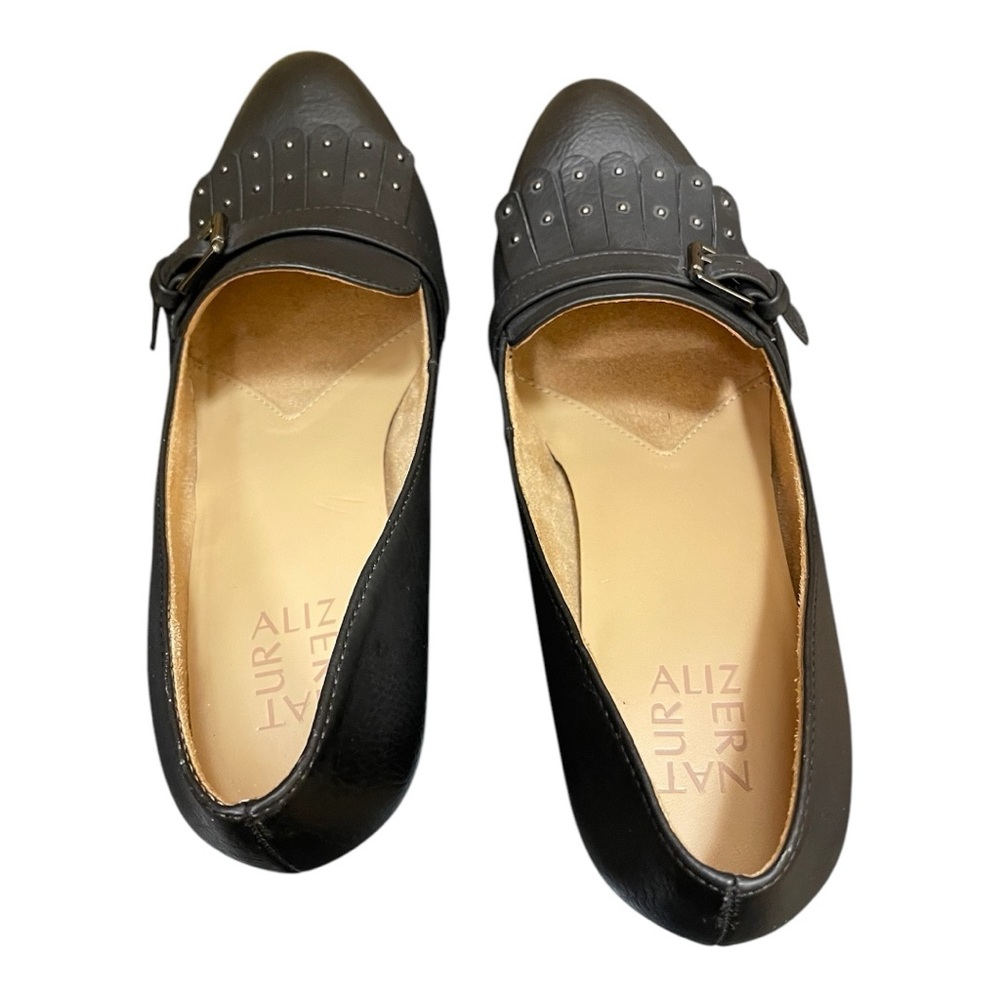 Naturalizer Myrle Pumps Jet Black Fringe Block Kiltie Heels Faux Buckle Strap 9M - Picture 3 of 8